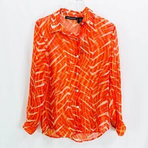 IMPRESSIONS Orange Abstract Long Sleeve Button Up Top